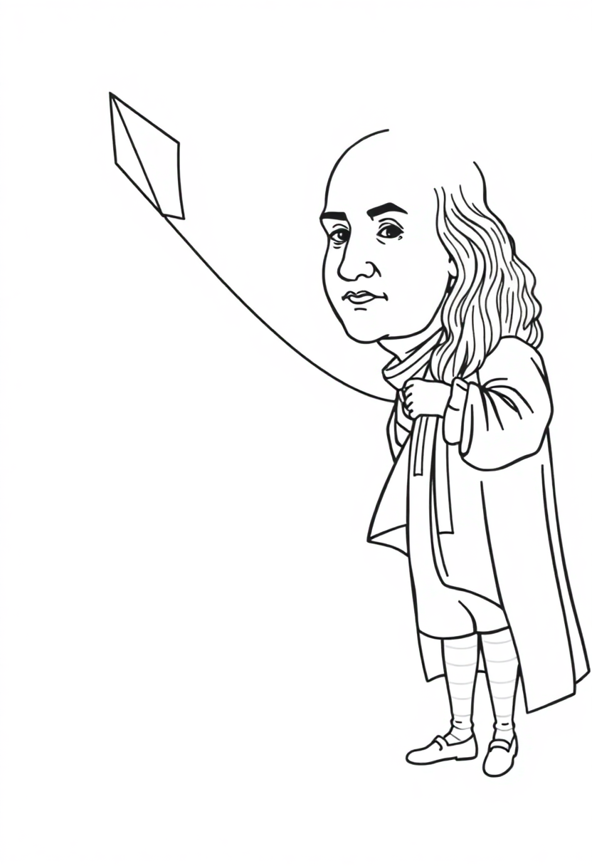 Benjamin Franklin with Kite coloring page, free printable