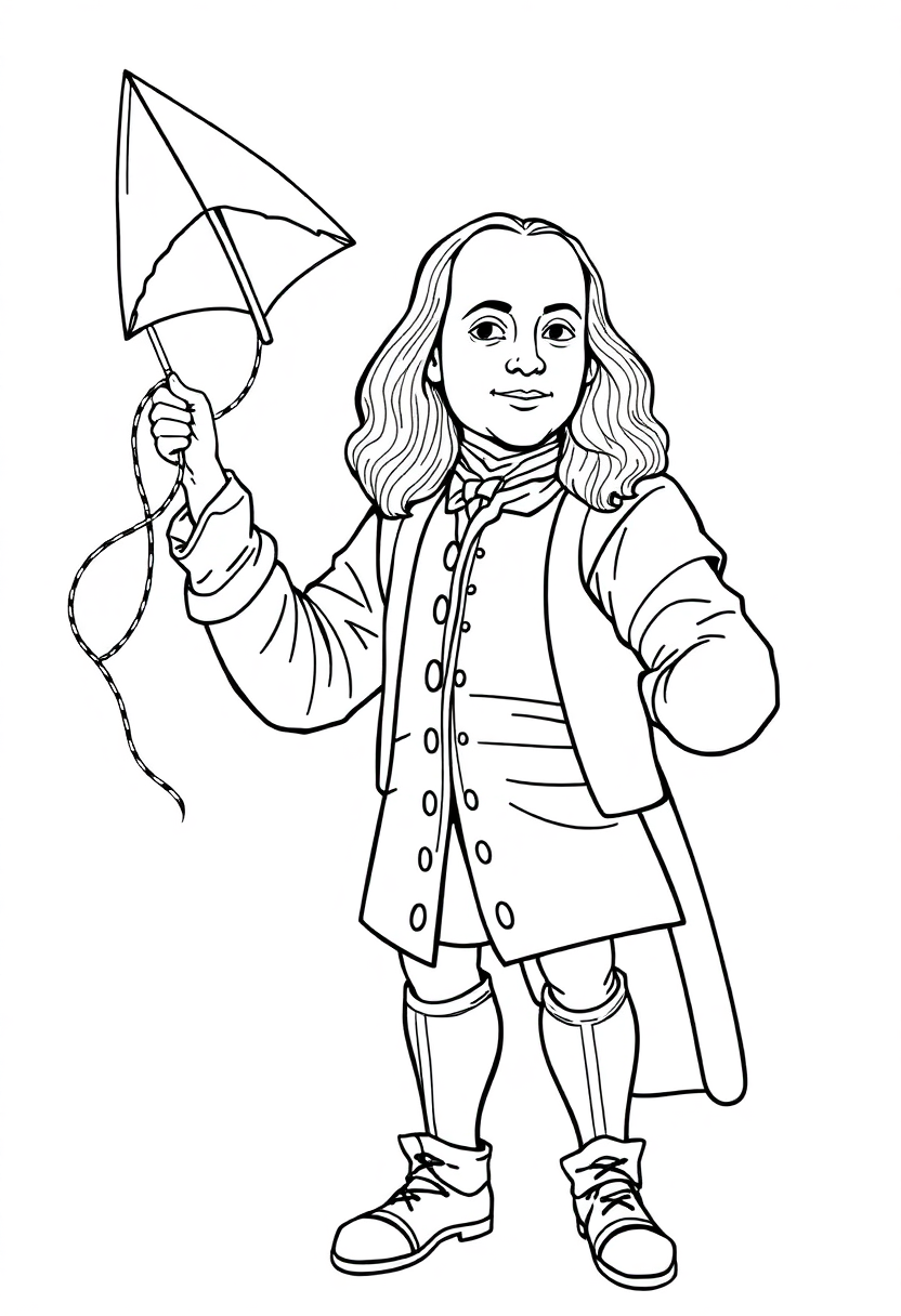 Benjamin Franklin with Kite coloring page, free printable