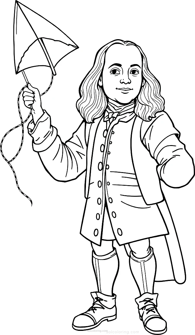 Benjamin Franklin with Kite coloring page for kids