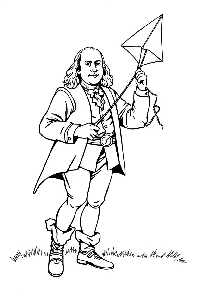 Benjamin Franklin with Kite coloring page, free printable