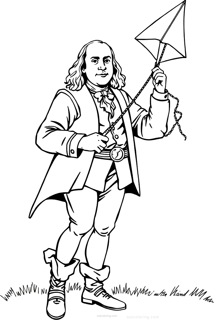 Benjamin Franklin with Kite coloring page for kids