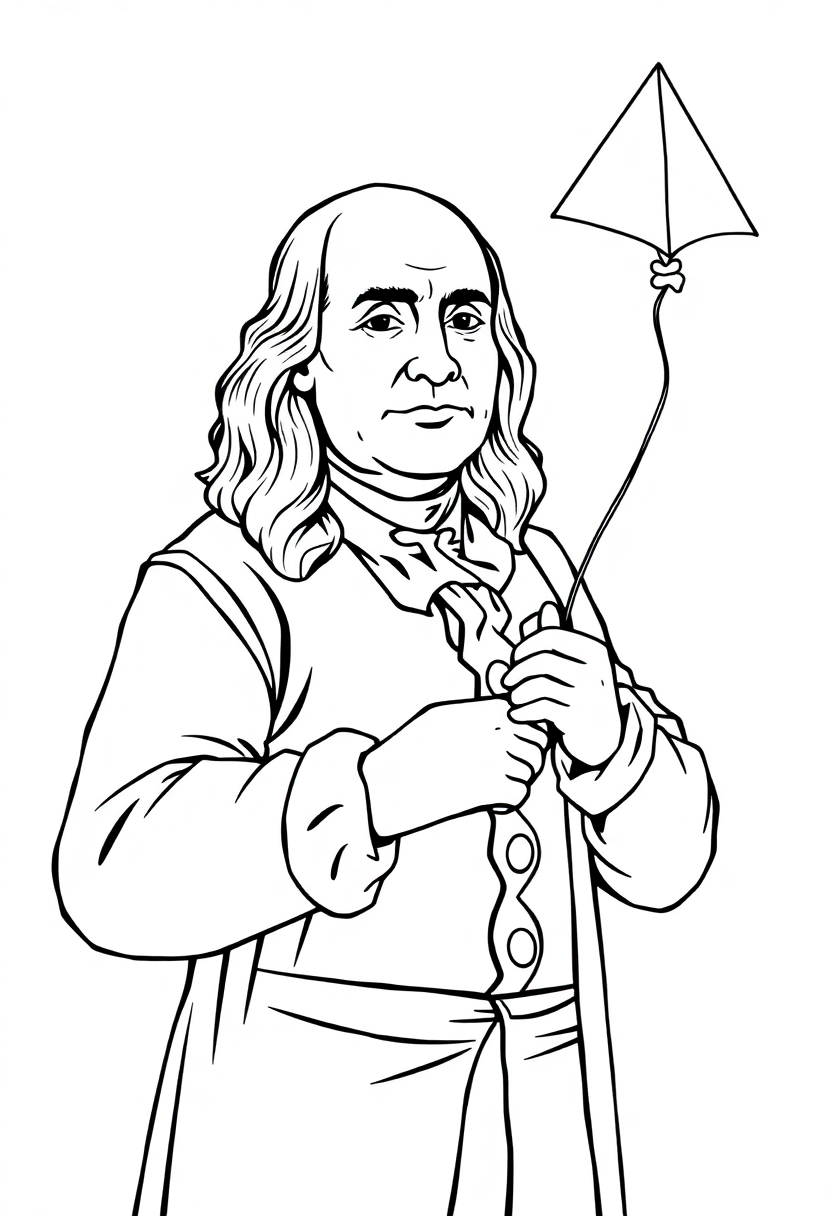 Benjamin Franklin with Kite coloring page, free printable