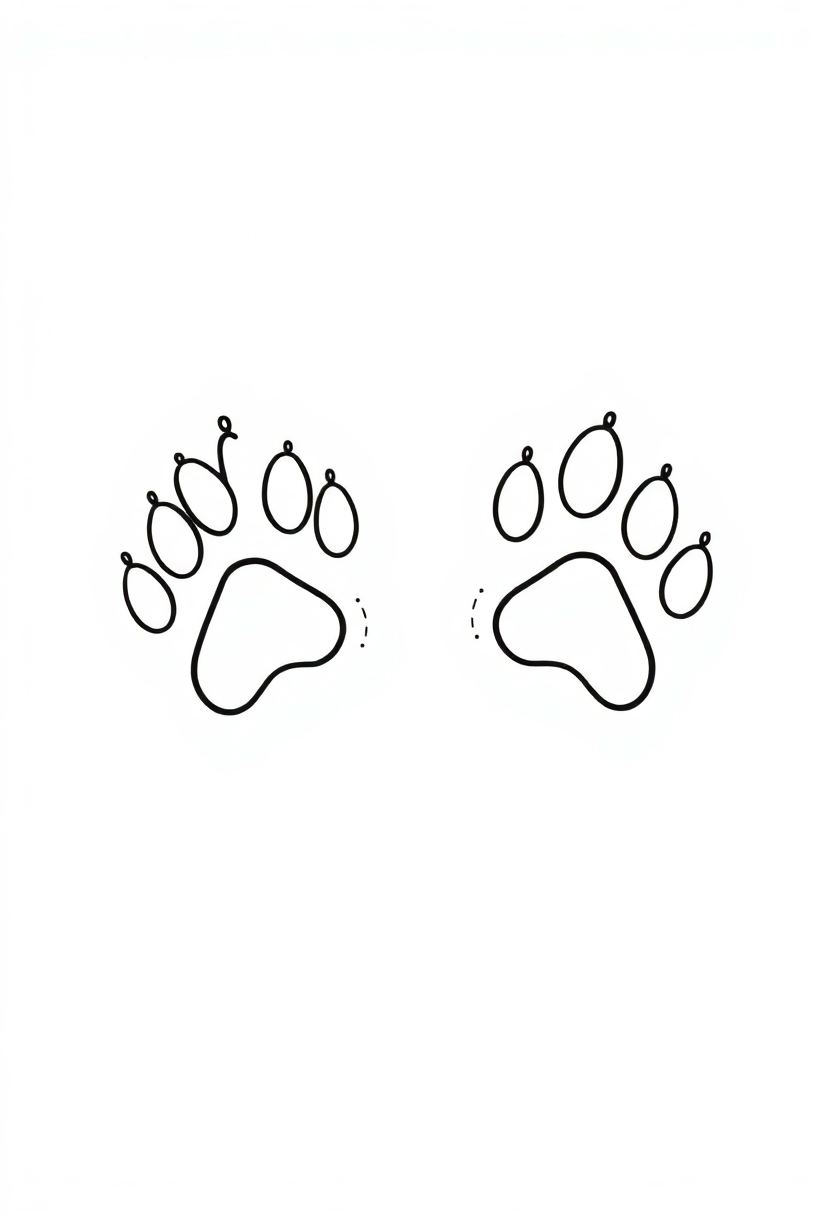 Big cat paw prints coloring page with large detailed paw pads and bold black outlines on white background