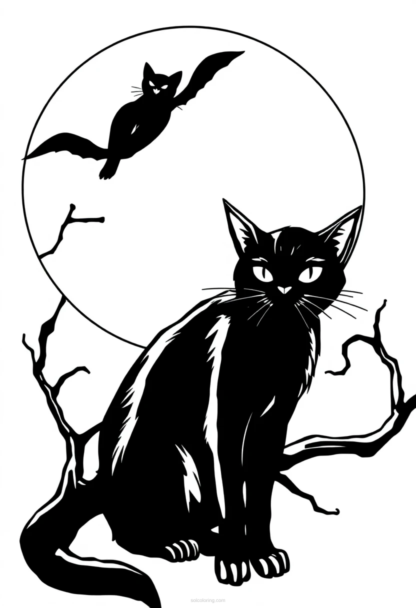 Black Cat with Moon coloring page for kids