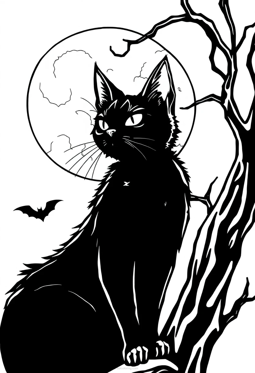 Black Cat with Moon coloring page for kids