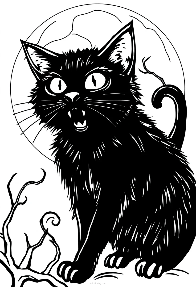 Black Cat with Moon coloring page for kids