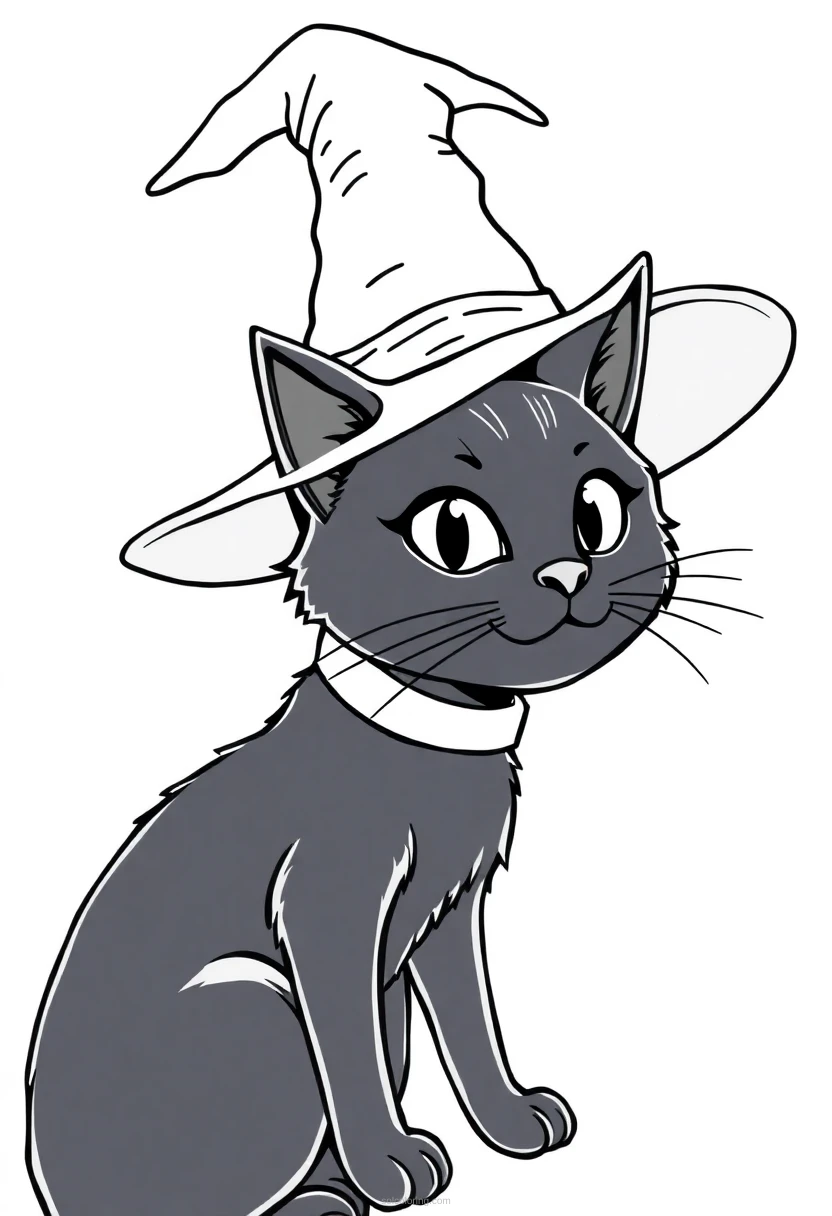 Black Cat with Witch Hat coloring page for kids