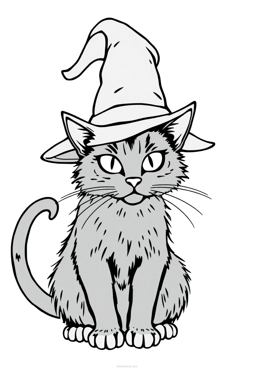 Black Cat with Witch Hat coloring page for kids