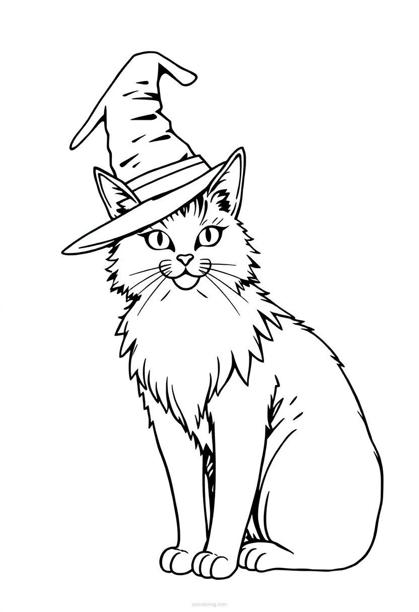 Black Cat with Witch Hat coloring page for kids