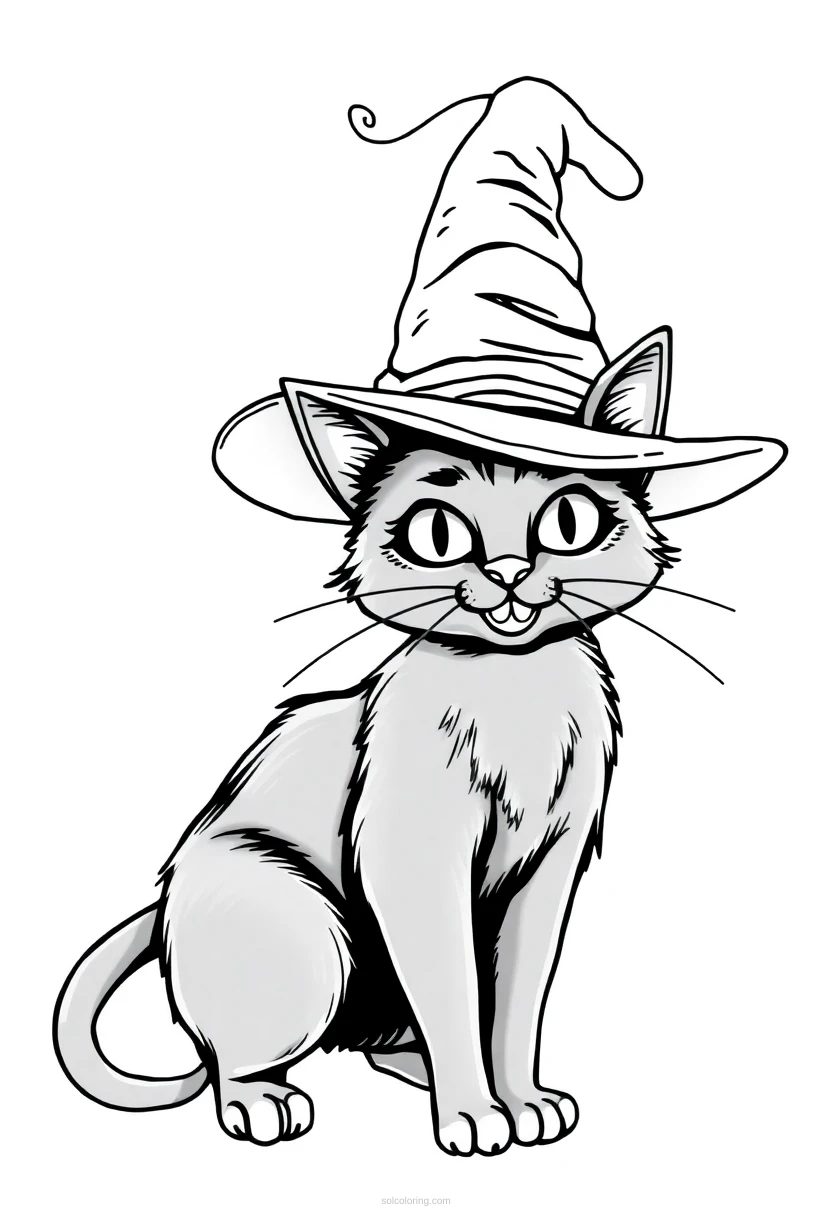 Black Cat with Witch Hat coloring page for kids