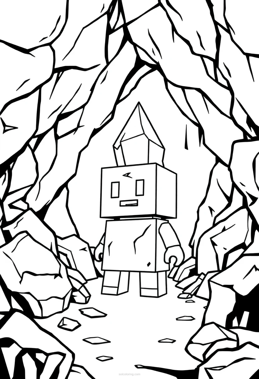 Blocky Crystal Cave coloring page for kids