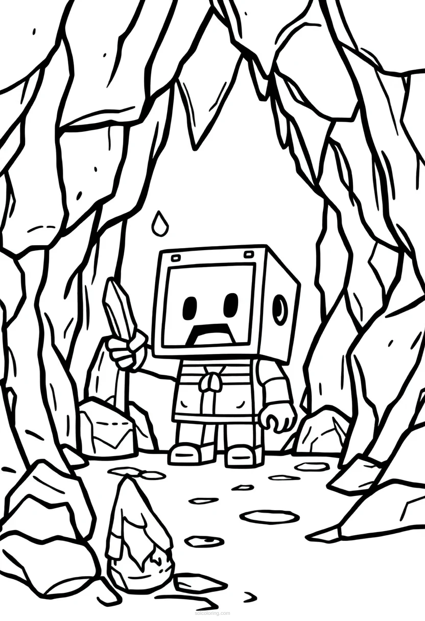 Blocky Crystal Cave coloring page for kids