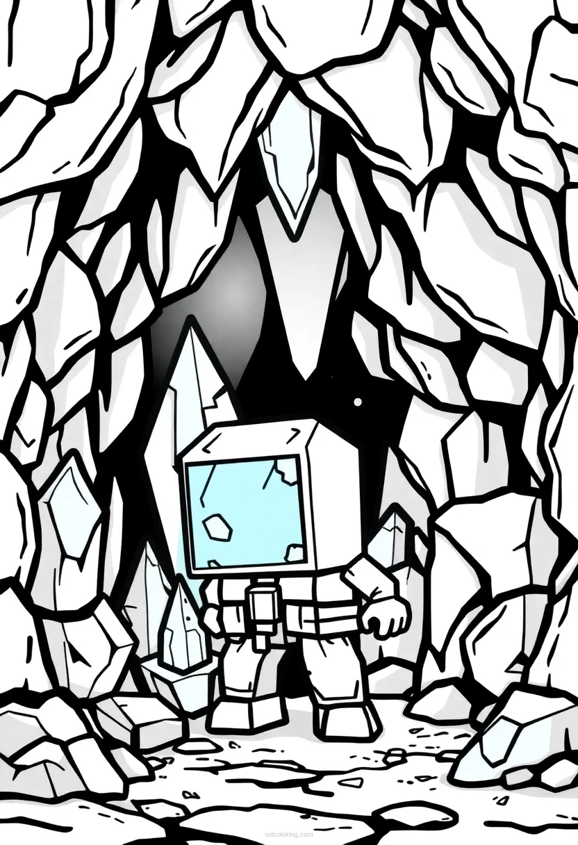 Blocky Crystal Cave coloring page for kids