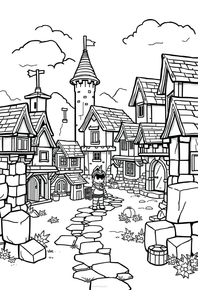 Blocky Medieval Village coloring page for kids