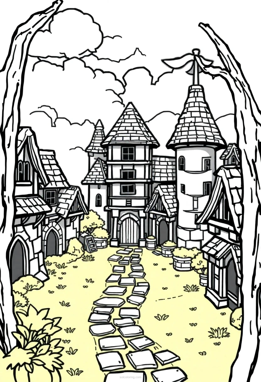 Blocky Medieval Village coloring page for kids
