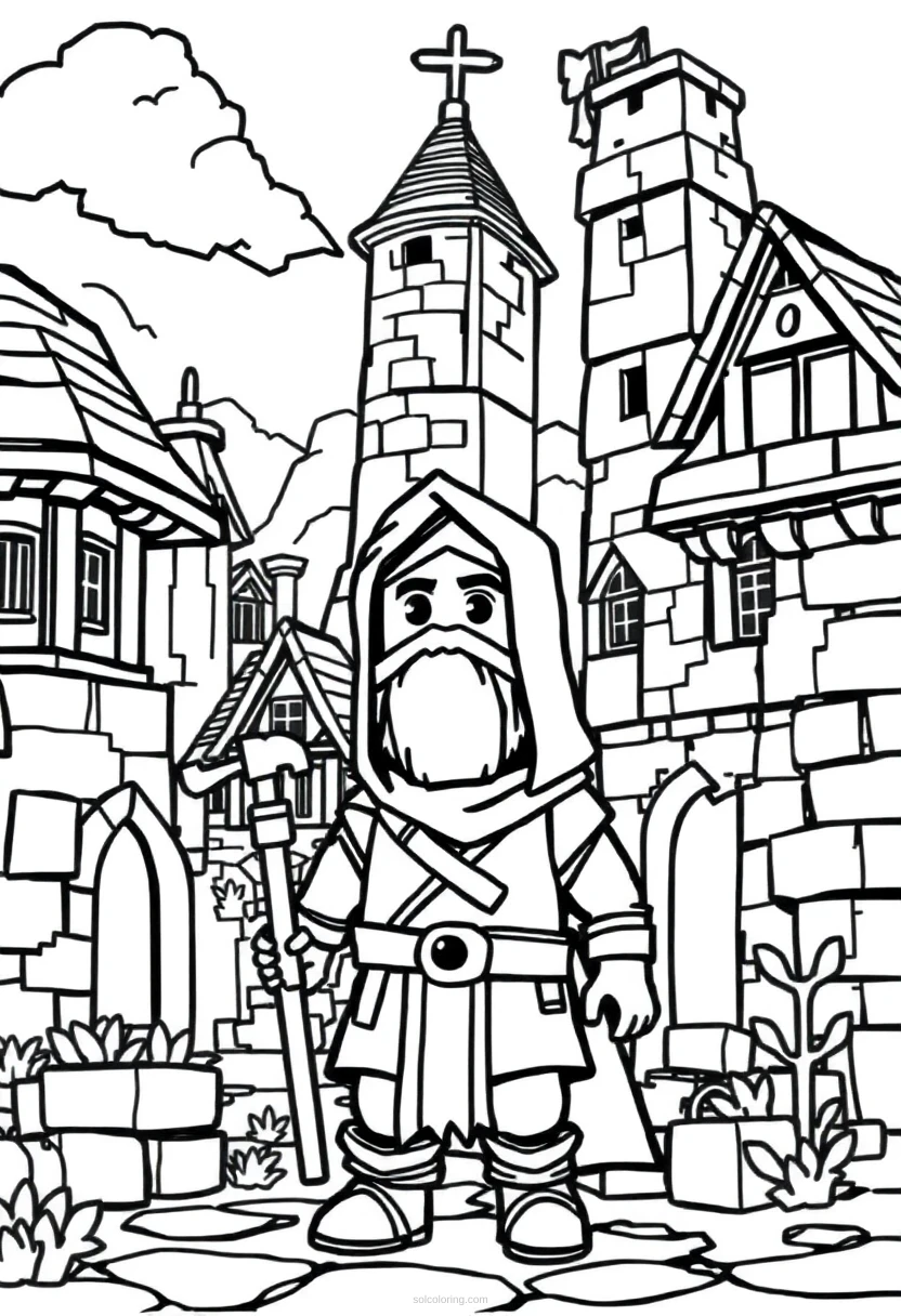 Blocky Medieval Village coloring page for kids