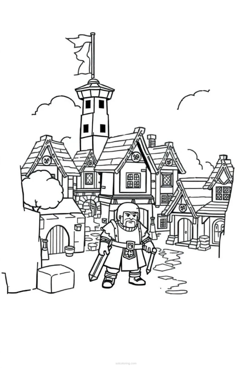 Blocky Medieval Village coloring pages