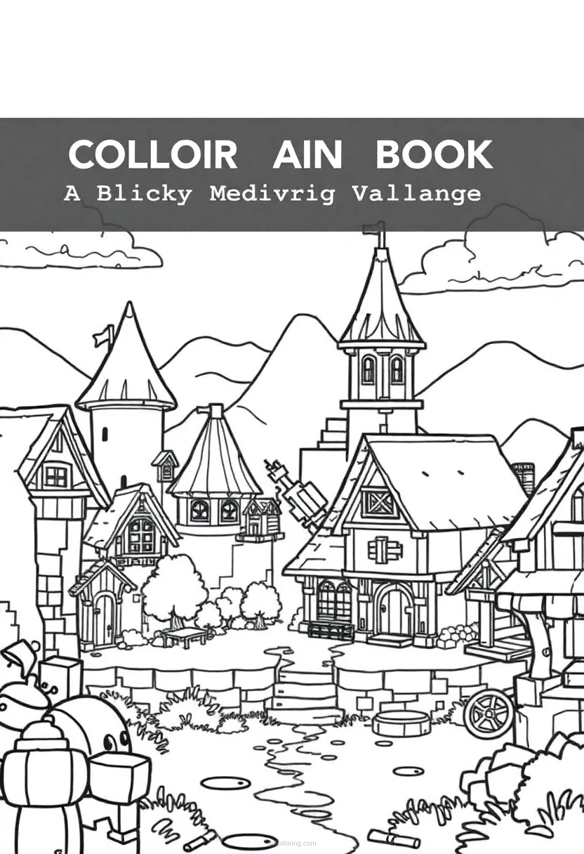 Blocky Medieval Village coloring page for kids