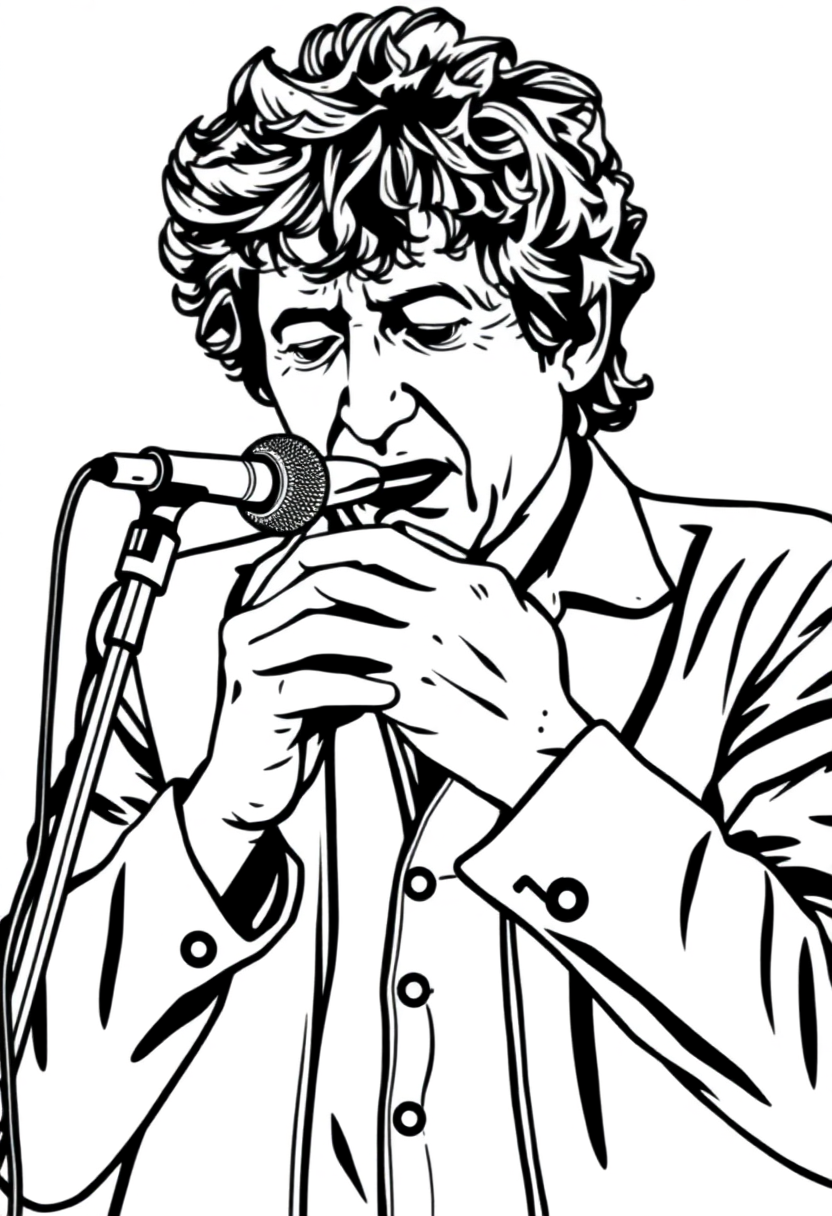 Bob Dylan coloring page showing the folk singer with harmonica in holder, featuring detailed line art with bold outlines