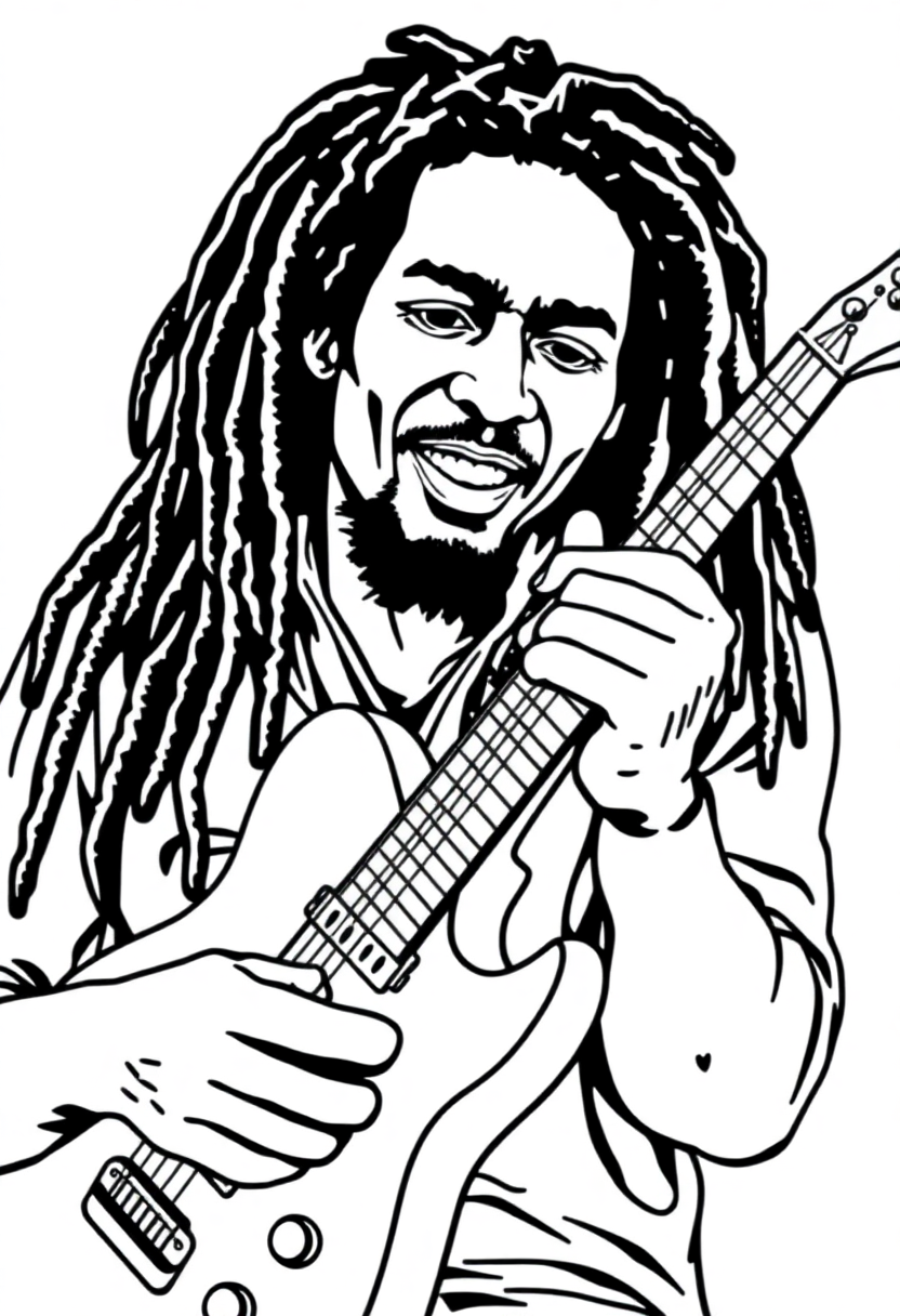 Bob Marley with Guitar coloring page, free printable