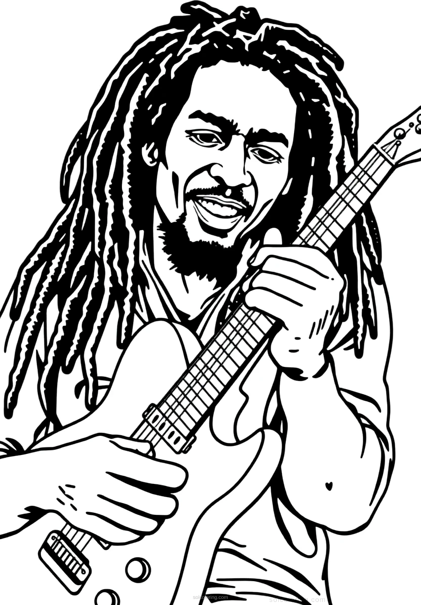 Bob Marley with Guitar coloring page for kids
