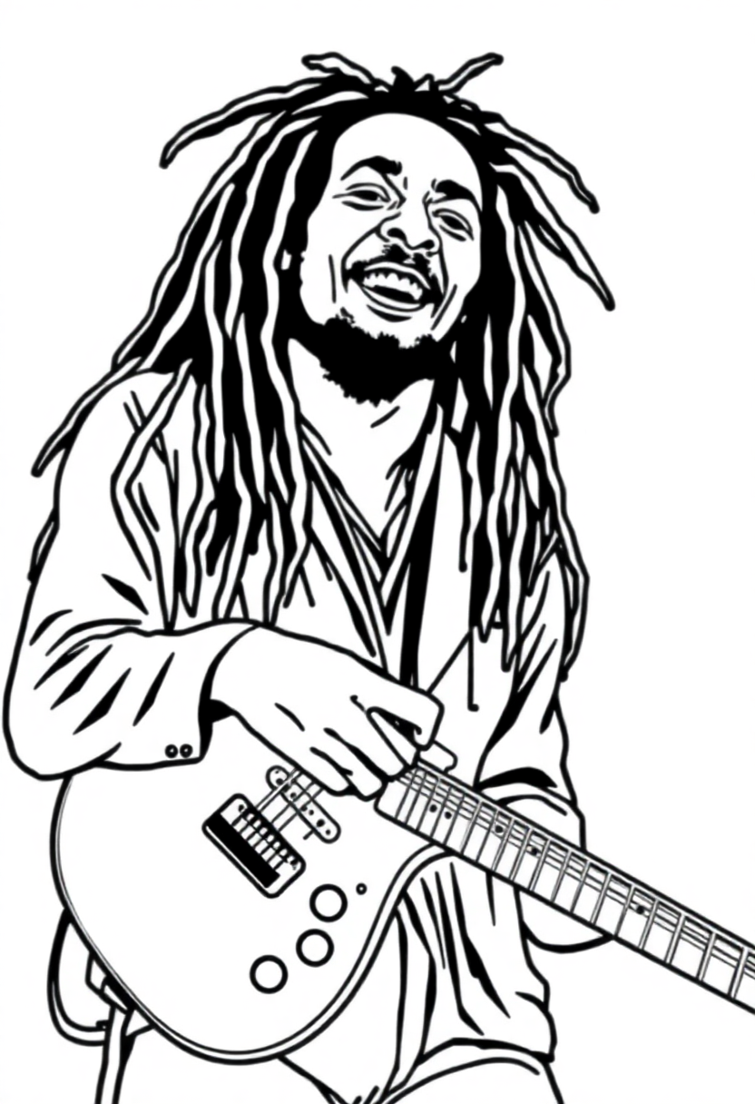 Bob Marley with Guitar coloring page, free printable