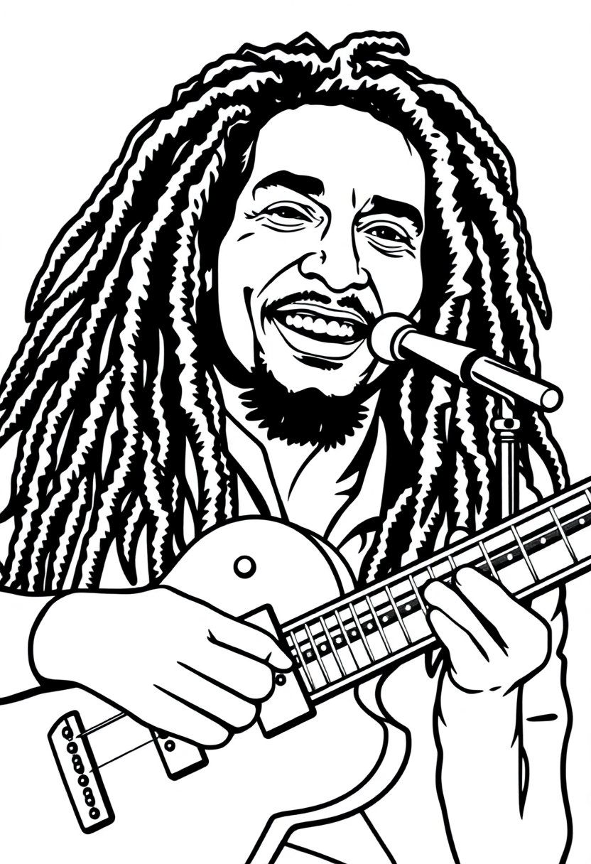 Bob Marley with Guitar coloring page, free printable