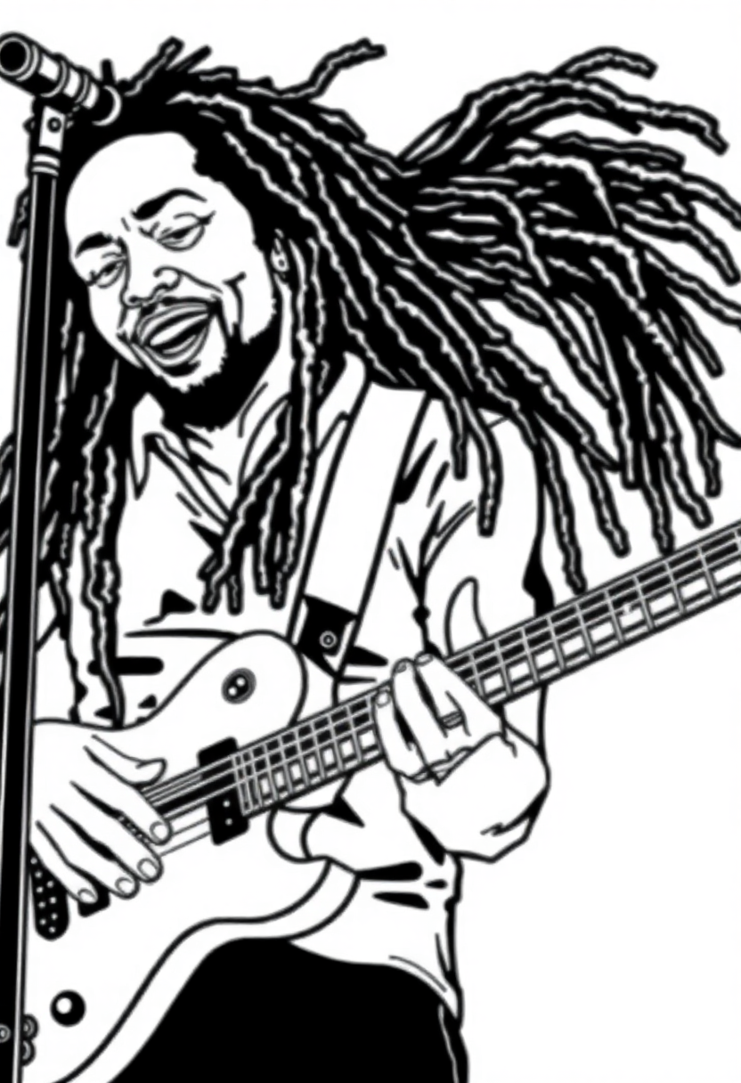 Bob Marley with Guitar coloring page, free printable