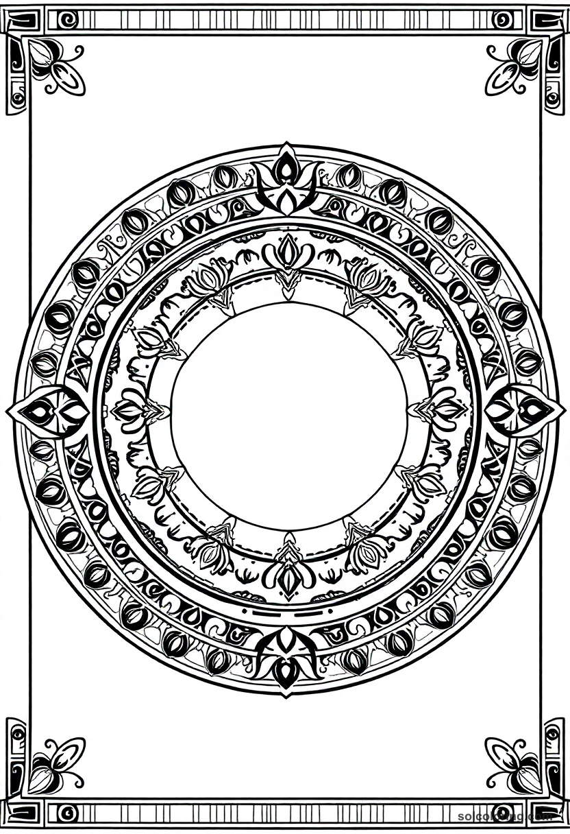 Mandala Book of the Dead papyrus scroll coloring page with Egyptian hieroglyphs and sacred symbols in circular pattern