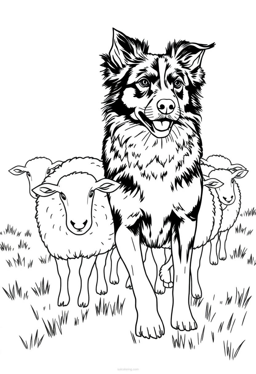 Border Collie Herding Sheep coloring page for kids