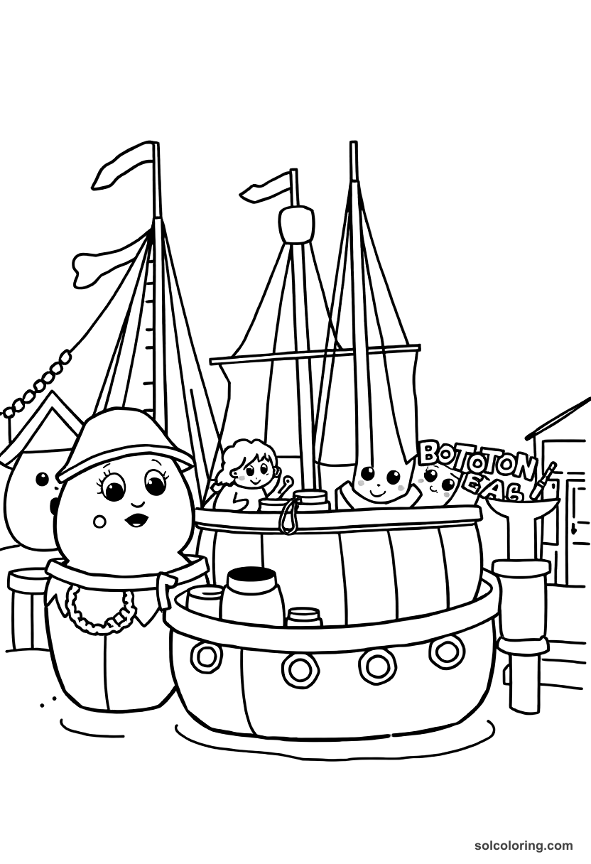 Cute Cartoon Boston Tea Party Harbor Scene coloring page, free printable cute cartoon style