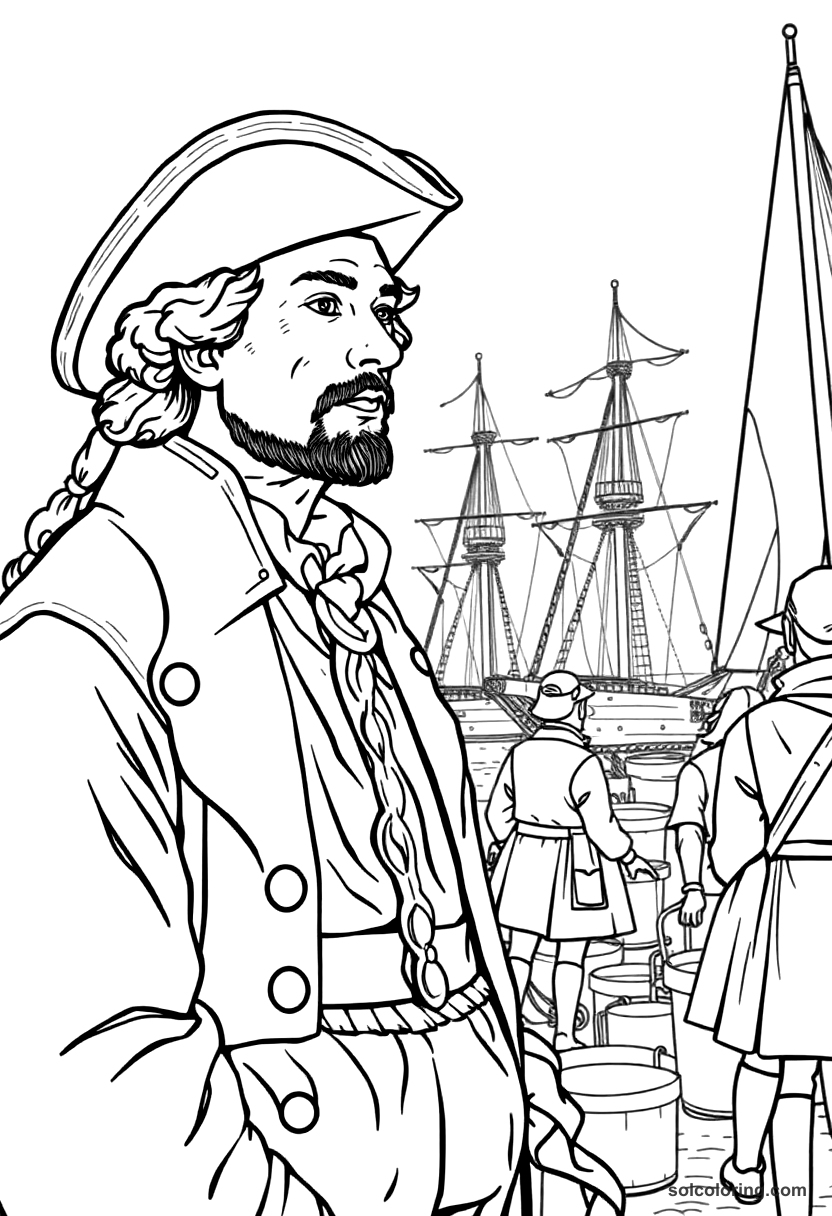 Boston Tea Party Harbor Scene coloring page, free printable detailed style