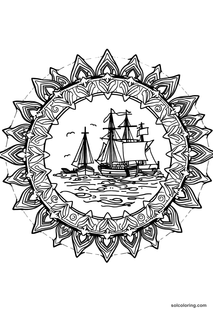 Mandala Boston Tea Party Harbor Scene coloring page, free printable mandala style