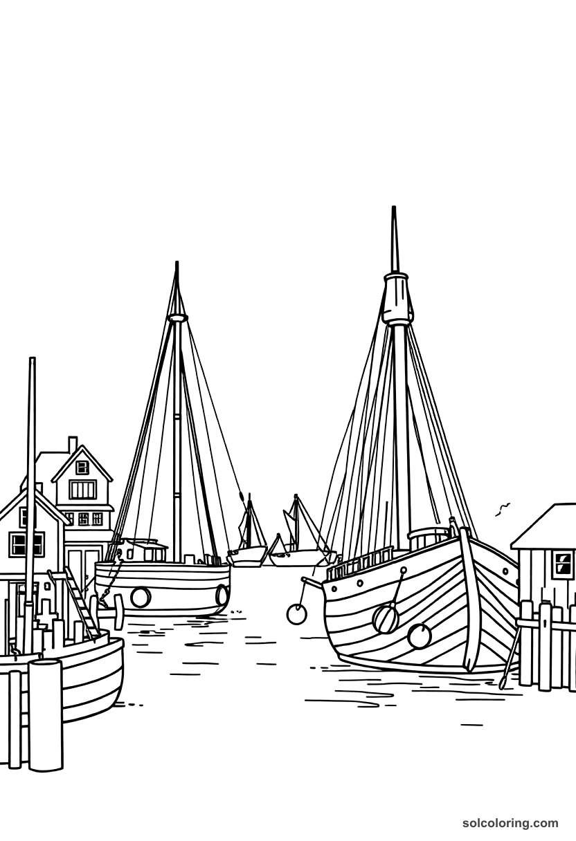 Simple Boston Tea Party Harbor Scene coloring page, free printable simple style