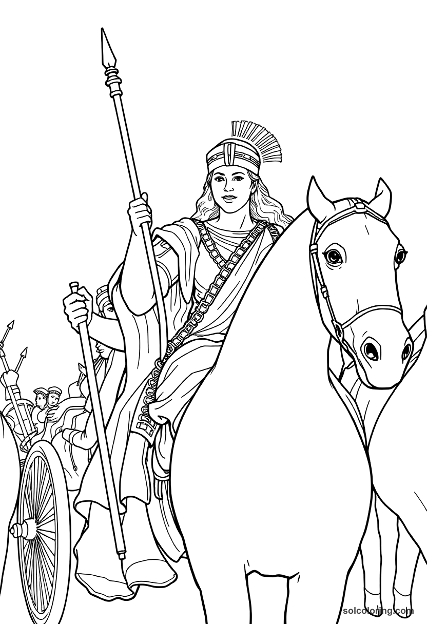 Boudicca Leading Her Chariot Charge coloring page, free printable detailed style
