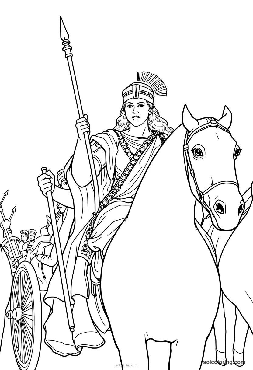 Boudicca Leading Her Chariot Charge detailed coloring page for kids