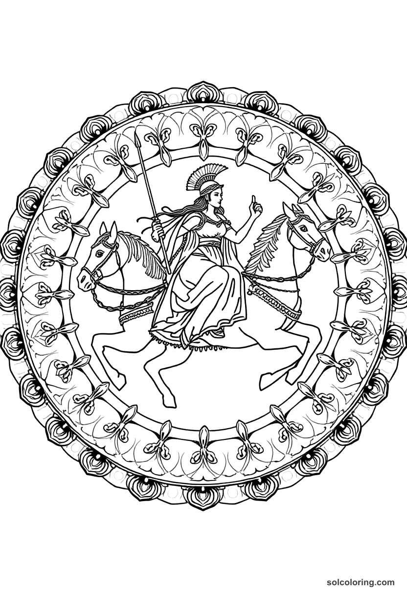 Mandala Boudicca Leading Her Chariot Charge coloring page, free printable mandala style