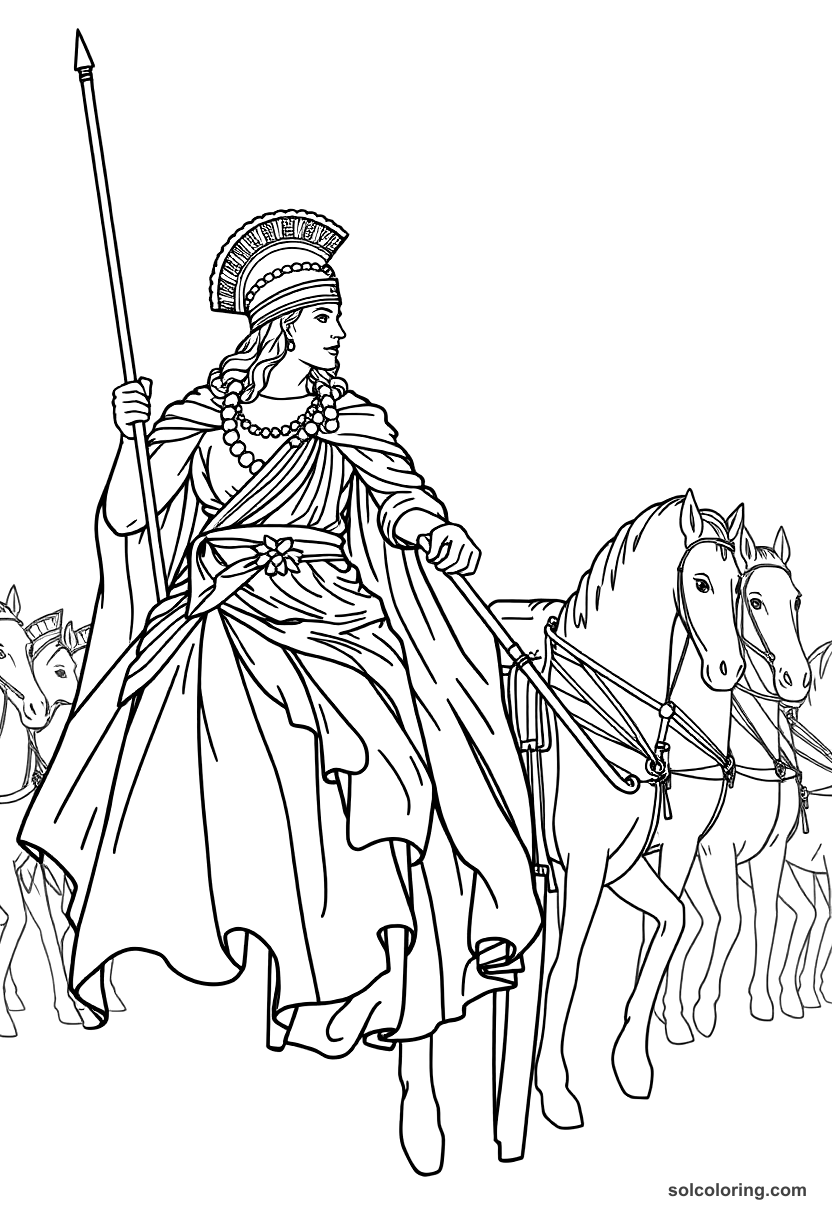 Boudicca Leading Her Chariot Charge coloring page, free printable realistic style