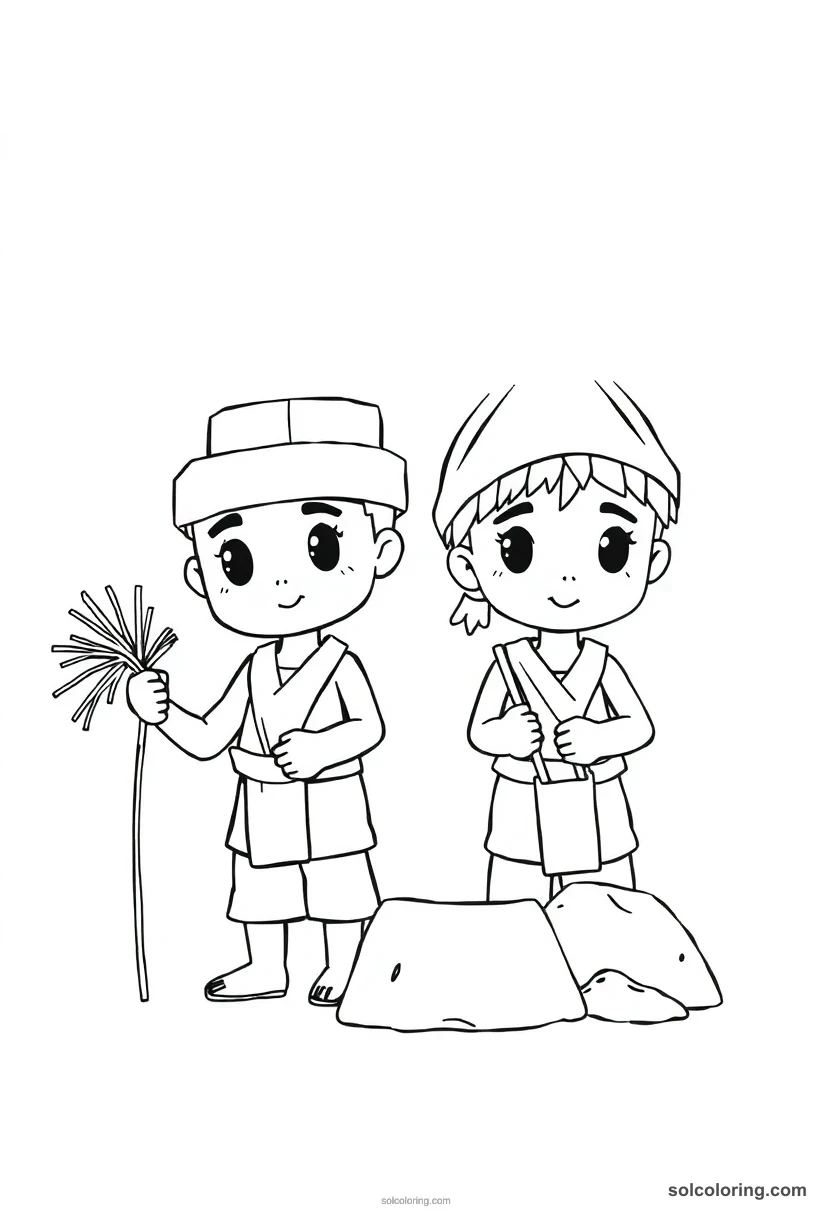 Chibi Brick Makers with Straw and Mud chibi coloring page for kids