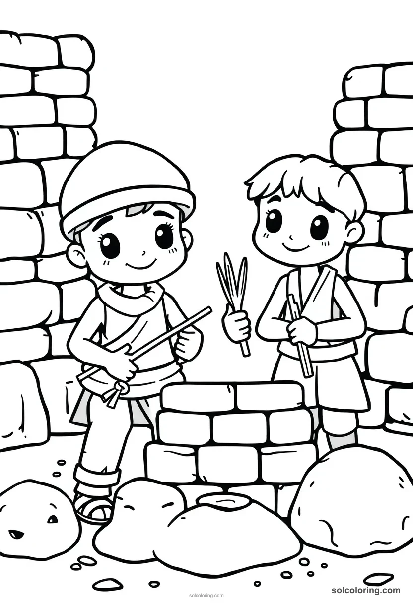Cute Cartoon Brick Makers with Straw and Mud cute cartoon coloring page for kids