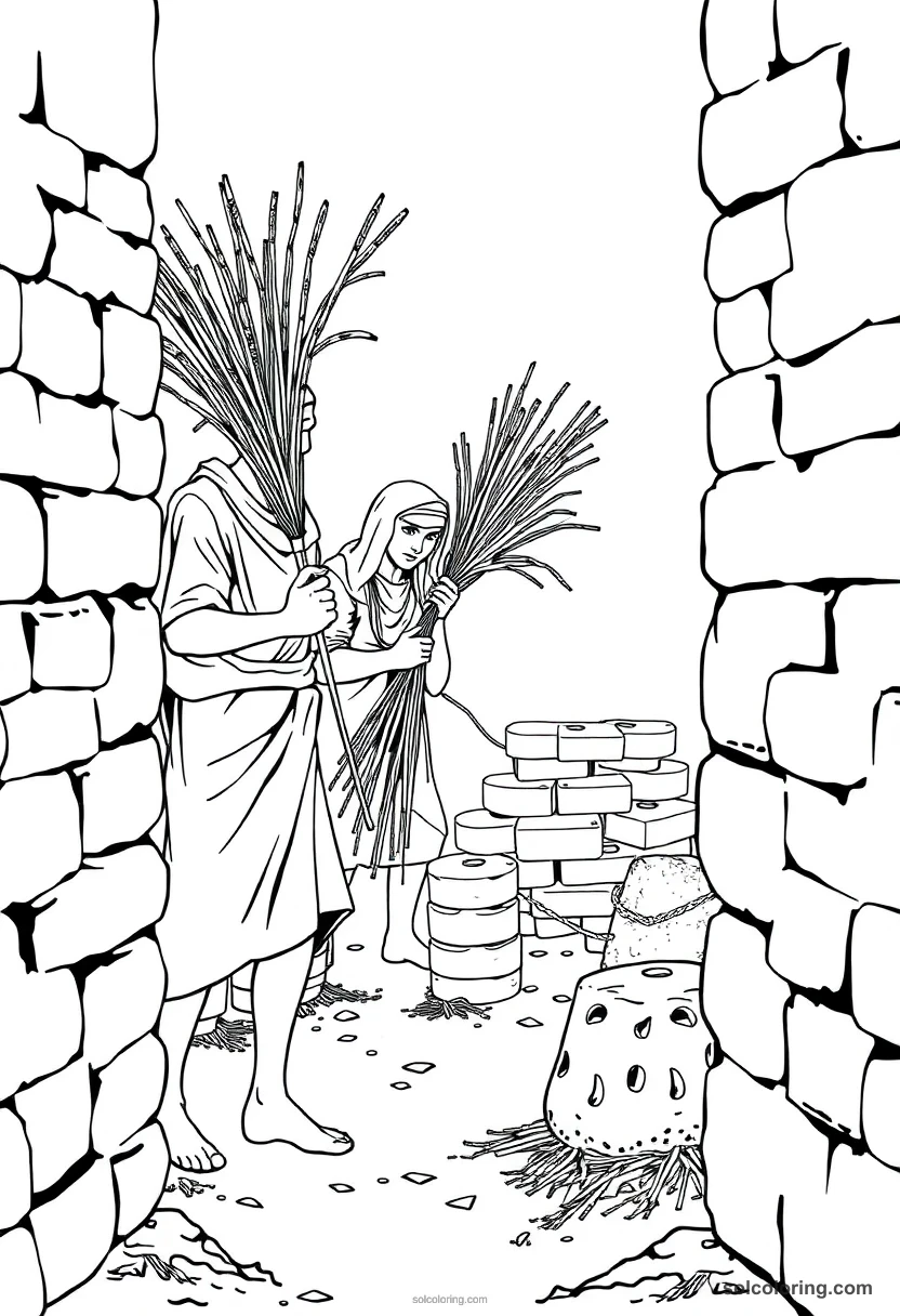 Brick Makers with Straw and Mud detailed coloring page for kids