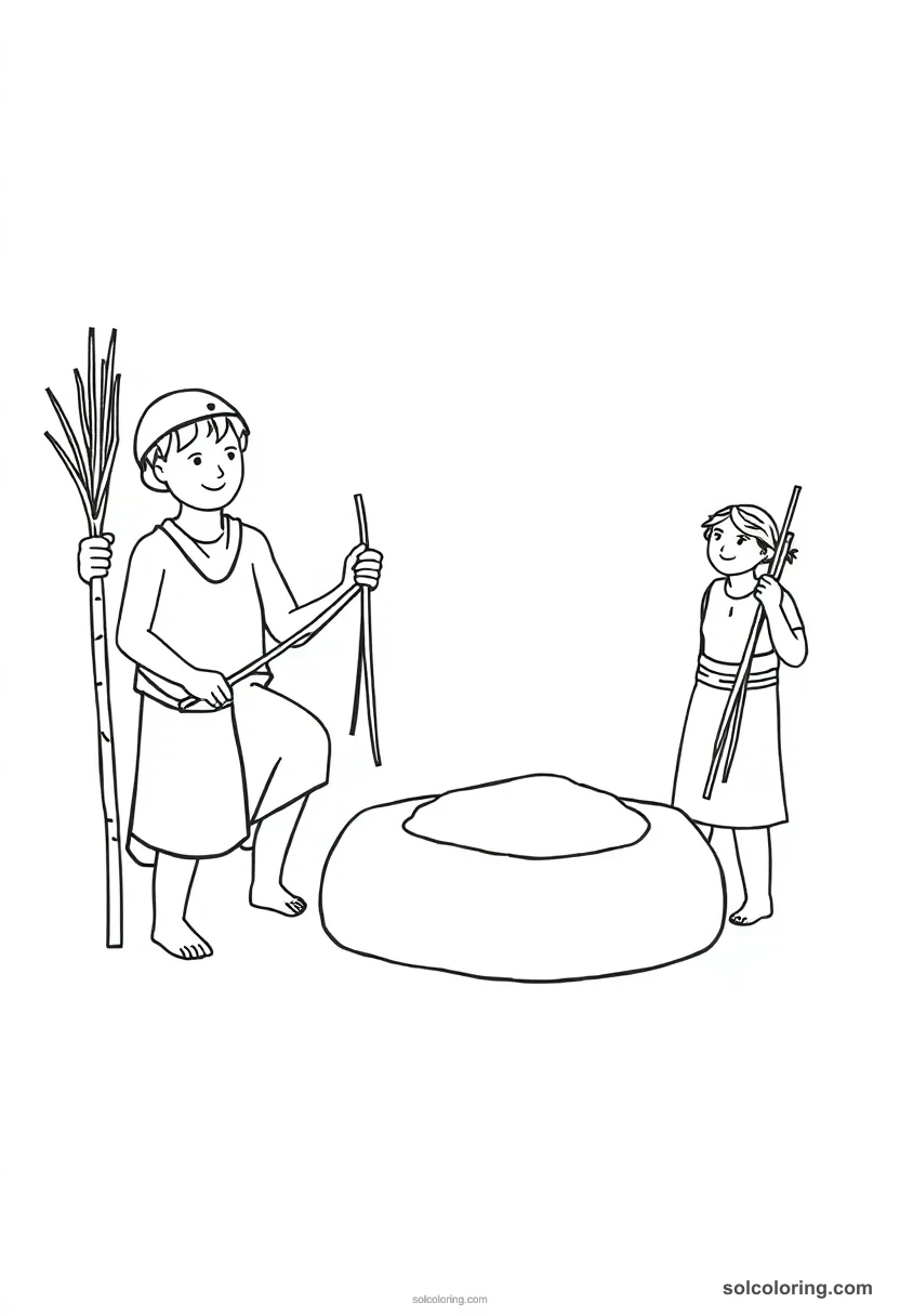 Simple Brick Makers with Straw and Mud simple coloring page for kids