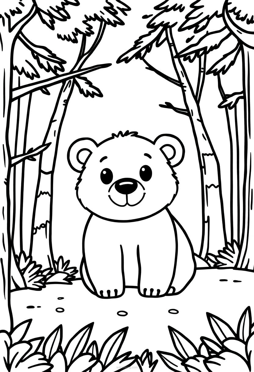 Brown Bear in Forest coloring page for kids