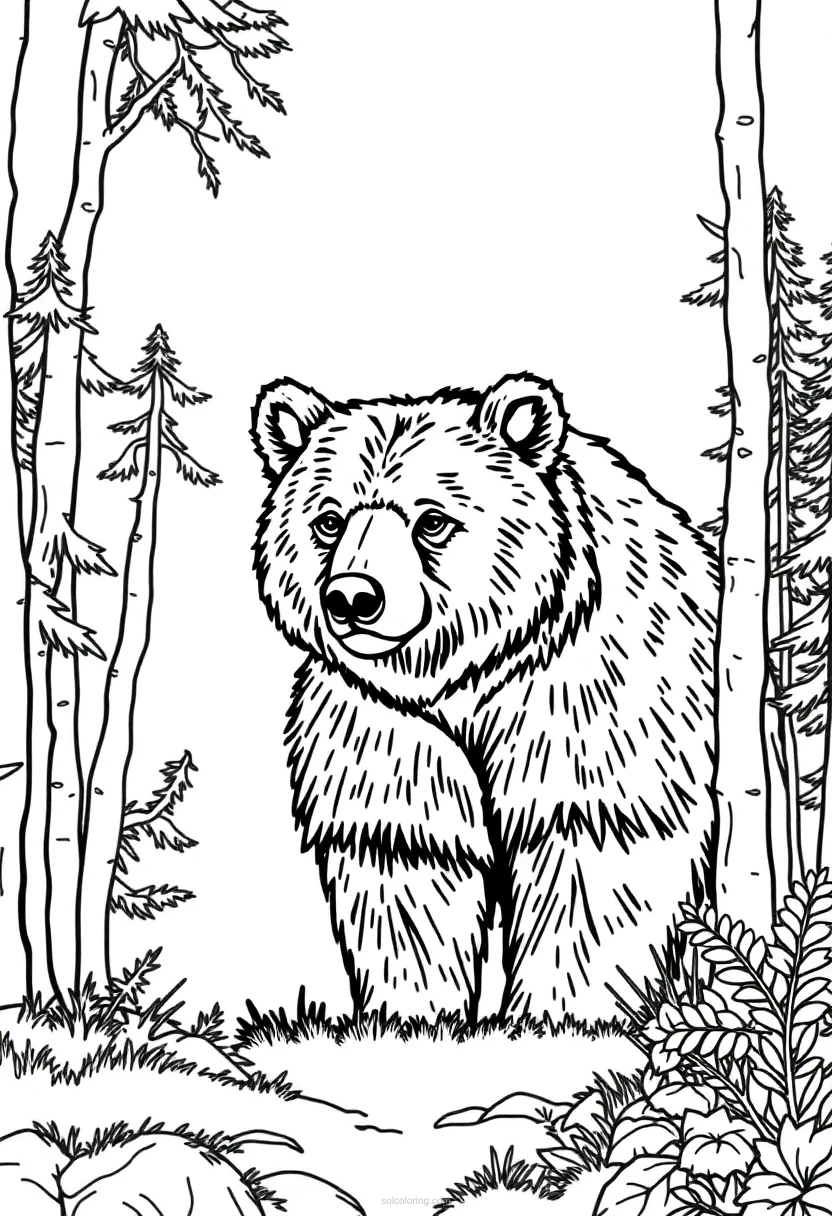 Brown Bear in Forest coloring page for kids