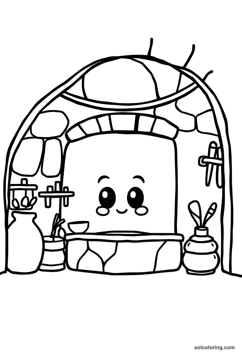 Cute cartoon Byzantine mosaic workshop coloring page showing friendly artisans making colorful tile mosaics