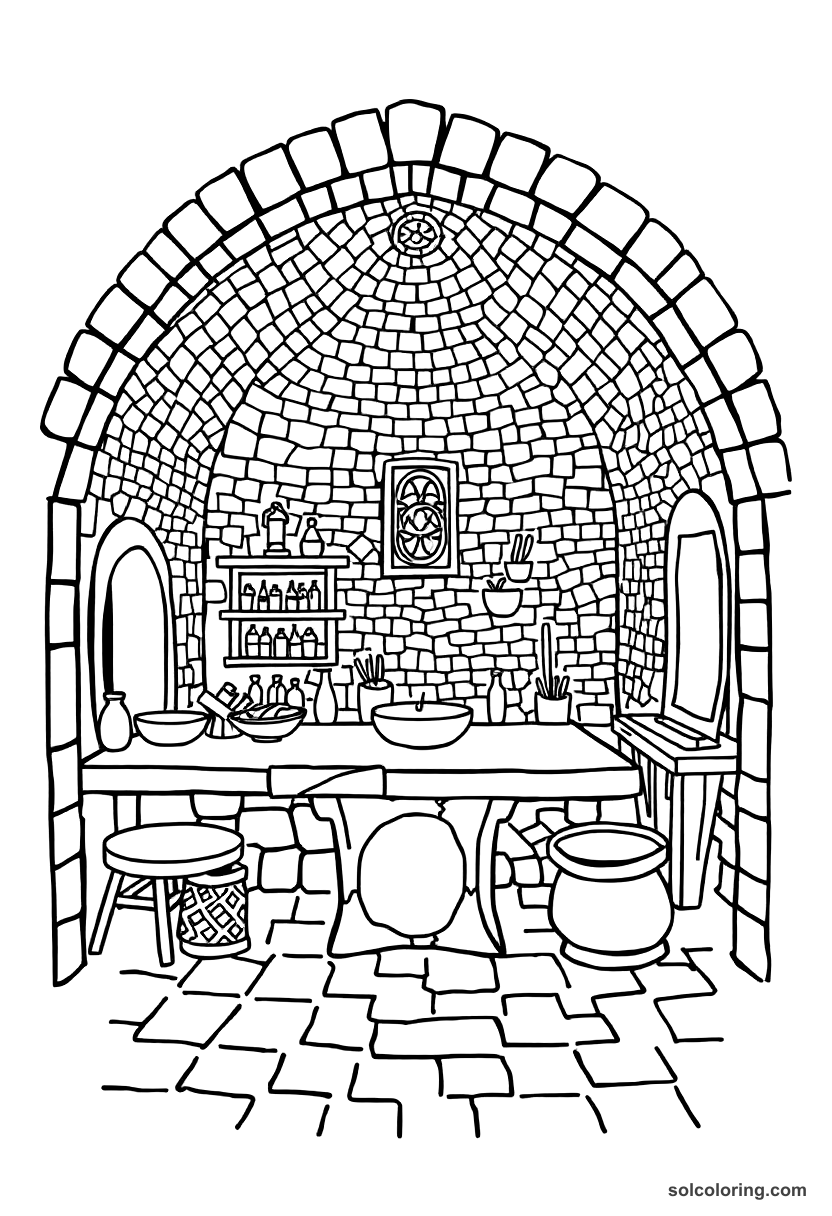 Simple Byzantine mosaic workshop coloring page showing artisans creating tile mosaics with bold outlines for easy coloring