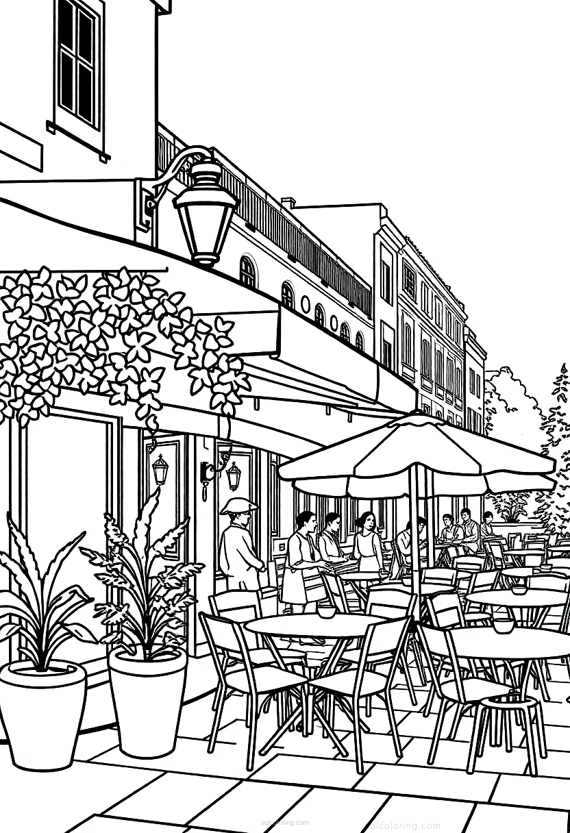 Cafe Terrace at Night coloring page for kids