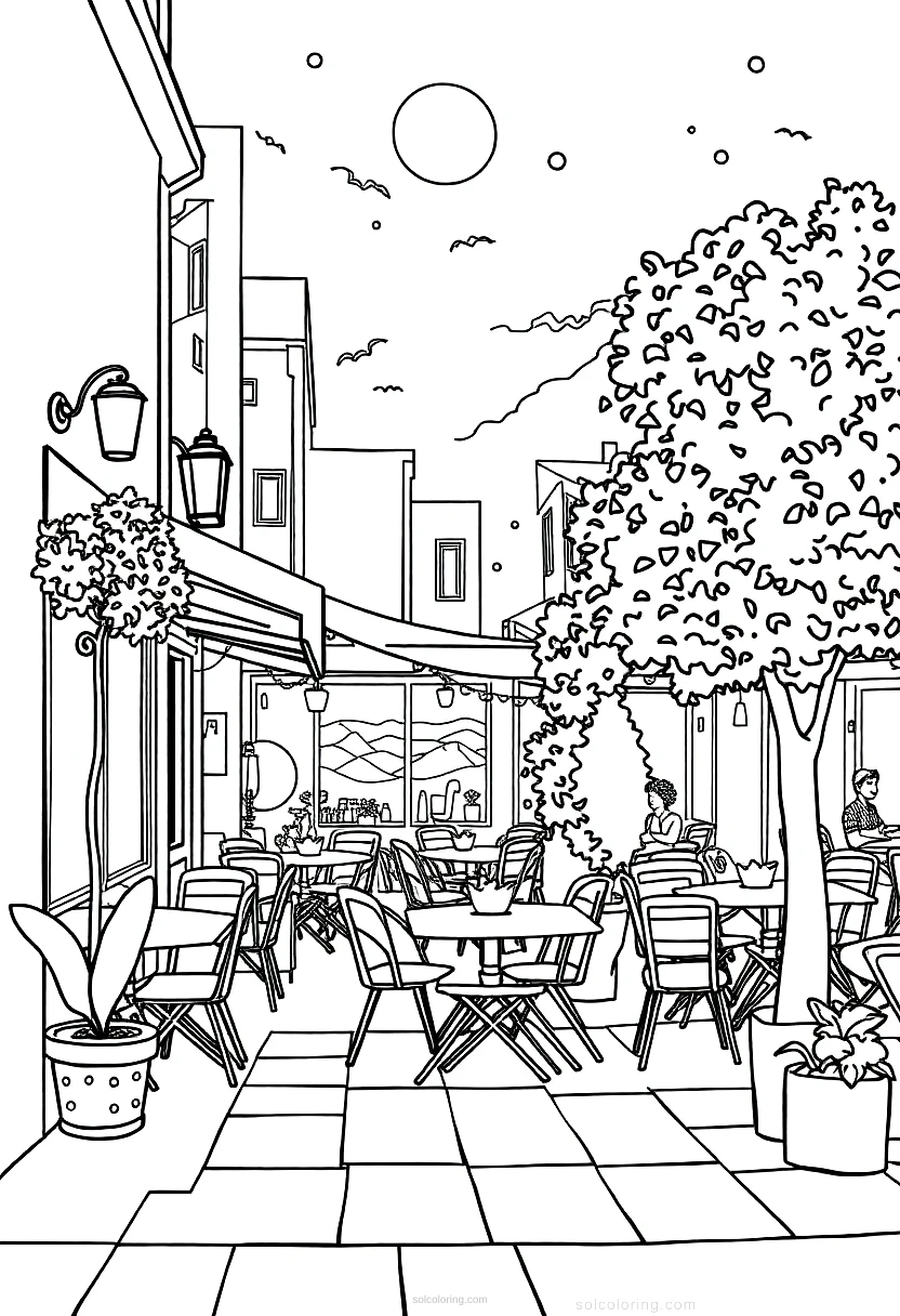 Cafe Terrace at Night coloring page for kids