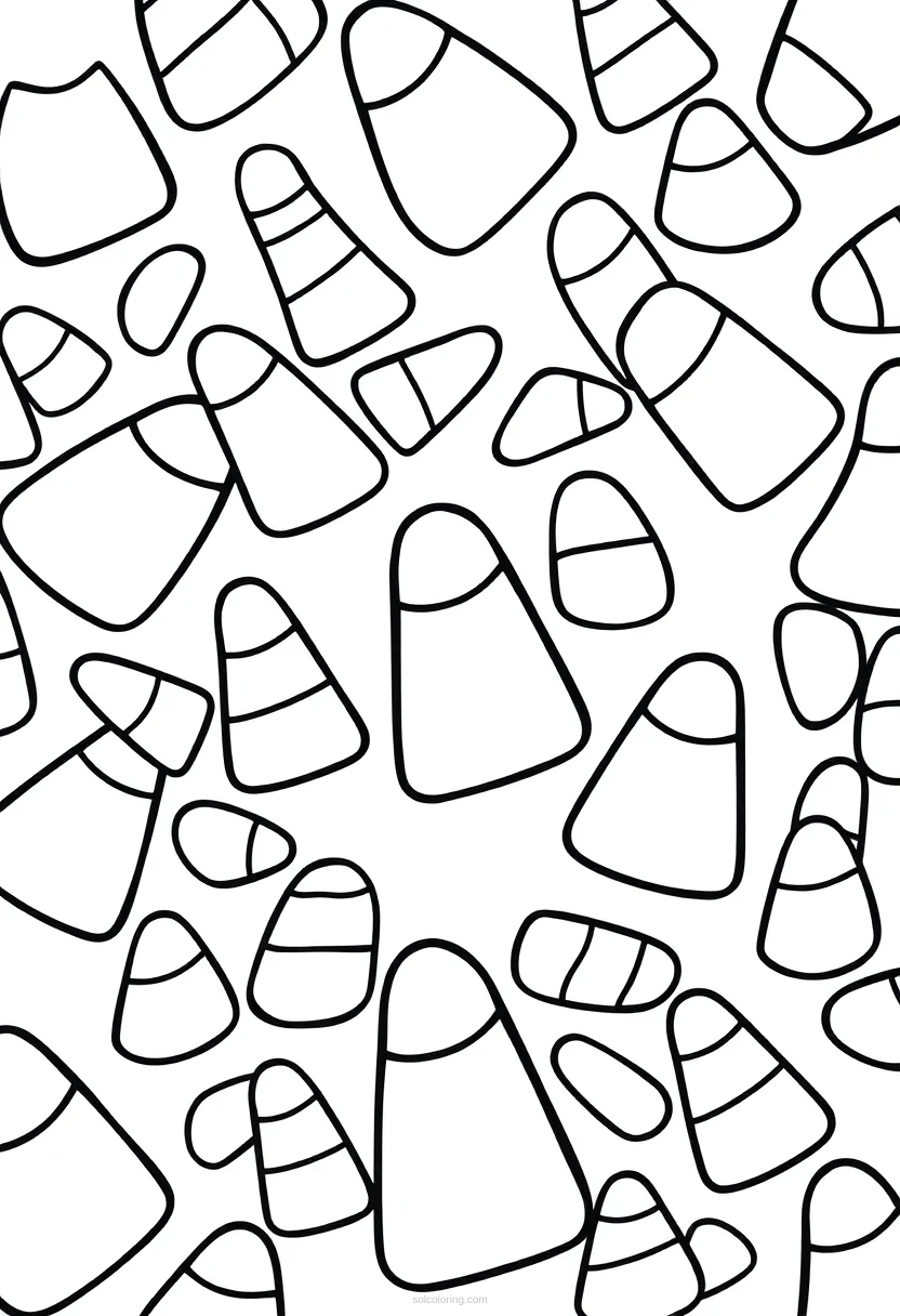 Candy corn pattern coloring page with repeating Halloween candy designs and bold black outlines ready to print