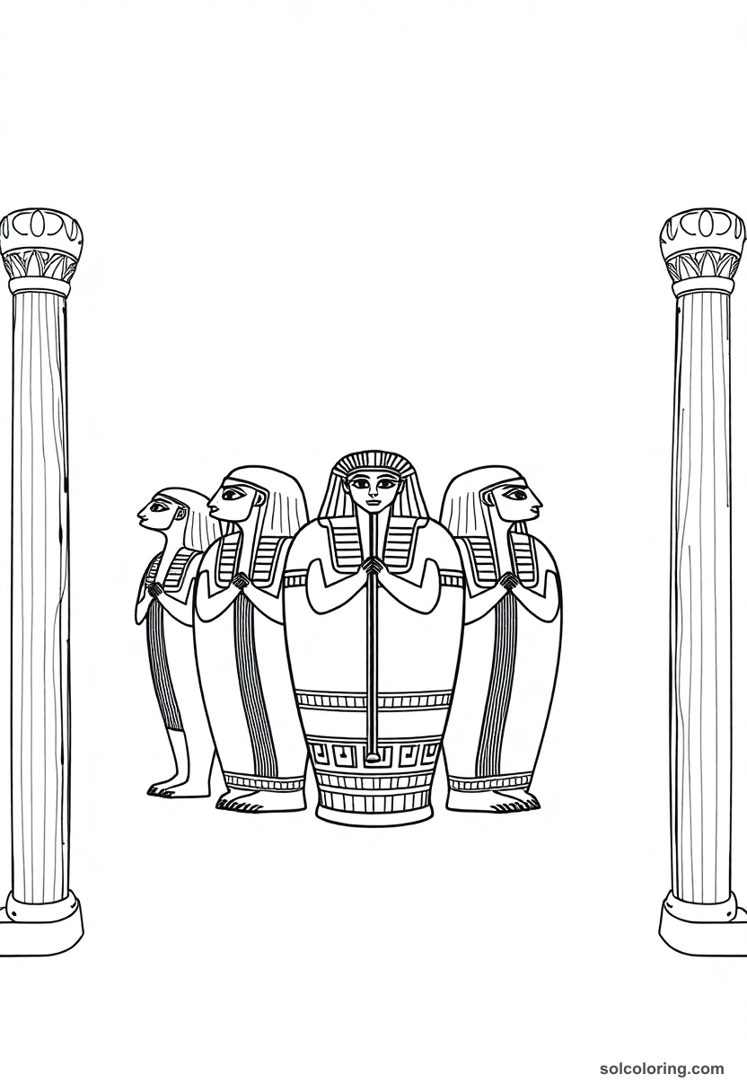 Canopic jars coloring page showing four Egyptian burial jars with human, jackal, baboon and falcon heads plus hieroglyphs